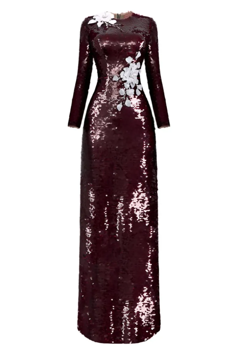 Dresses | Midi Dresses<CULT MIA LONG SLEEVE SEQUIN FLOWER LONG DRESS Red Burgundy