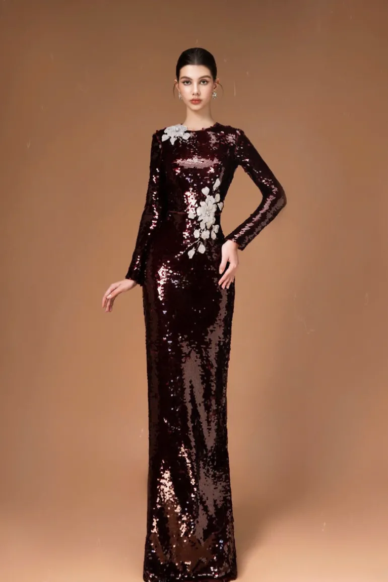 Dresses | Midi Dresses<CULT MIA LONG SLEEVE SEQUIN FLOWER LONG DRESS Red Burgundy