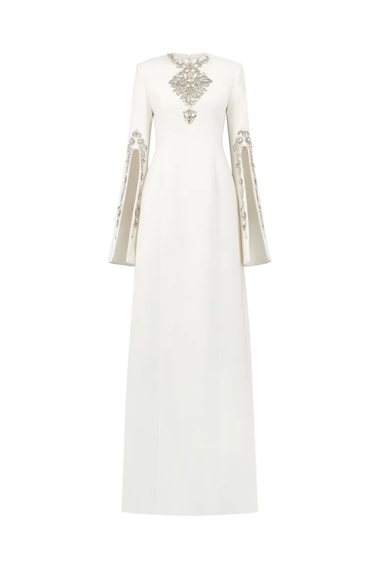 Dresses<CULT MIA LONG SLEEVE SLIT ROUND NECK DRESS White