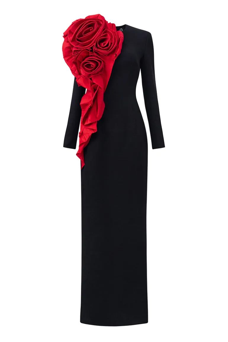 Dresses | Gowns<CULT MIA LONG SLEEVES GOWN WITH DRAPPED RED ROSES Black