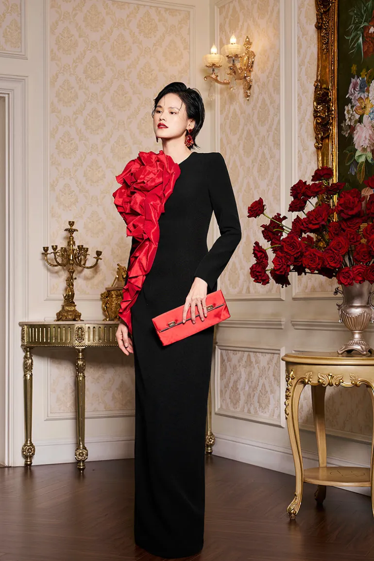 Dresses | Gowns<CULT MIA LONG SLEEVES GOWN WITH DRAPPED RED ROSES Black