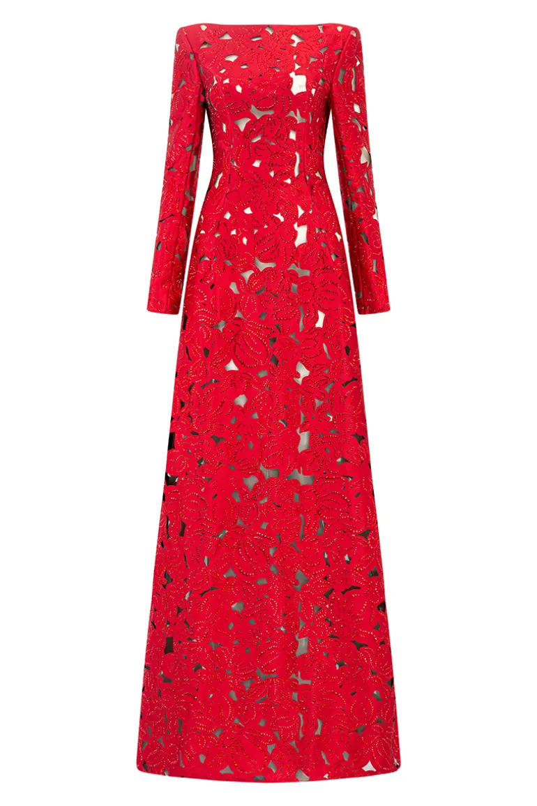 Dresses | Gowns<CULT MIA LONG SLEEVES BOAT NECK FLORAL LASERCUT DRESS Black
