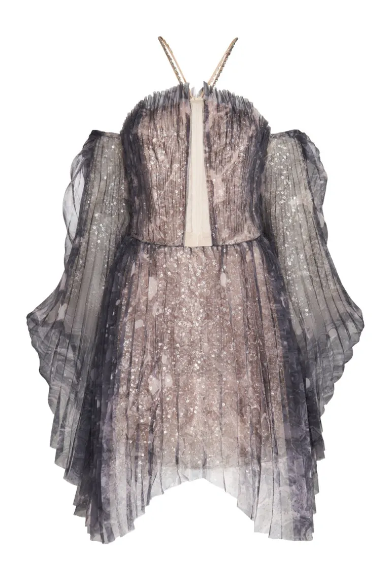 Dresses | Mini Dresses<CULT MIA LONG-SLEEVED SEQUIN-DETAILED PLEATED CHIFFON DRESS Black