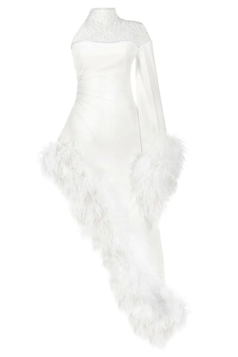 Dresses<CULT MIA LUXURY FEATHER-TRIM CREPE MAXI DRESS White
