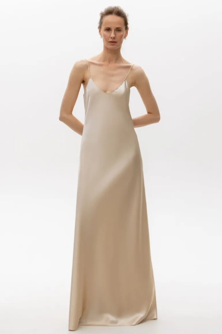 Dresses<CULT MIA LYNA V-NECK SILK SATIN MAXI DRESS Pearl-Beige