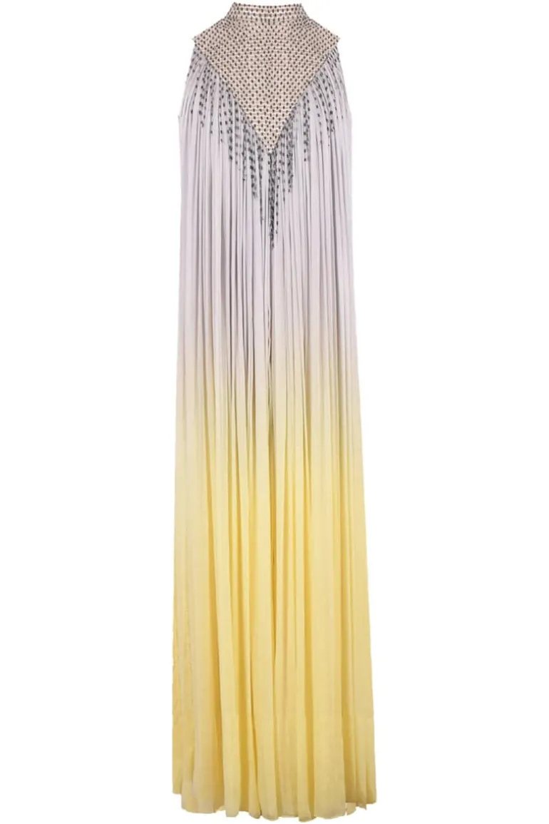 Dresses<CULT MIA MANDARIN COLLARED CHIFFON MAXI DRESS Gray-Lemon
