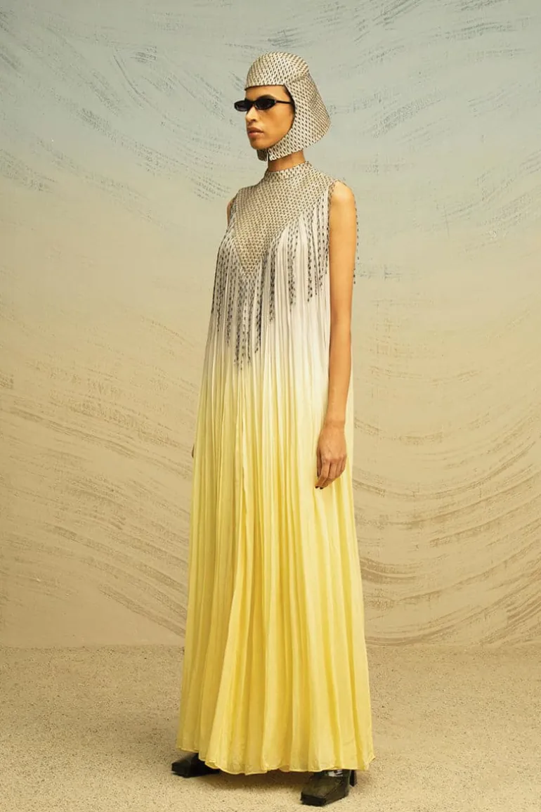 Dresses<CULT MIA MANDARIN COLLARED CHIFFON MAXI DRESS Gray-Lemon