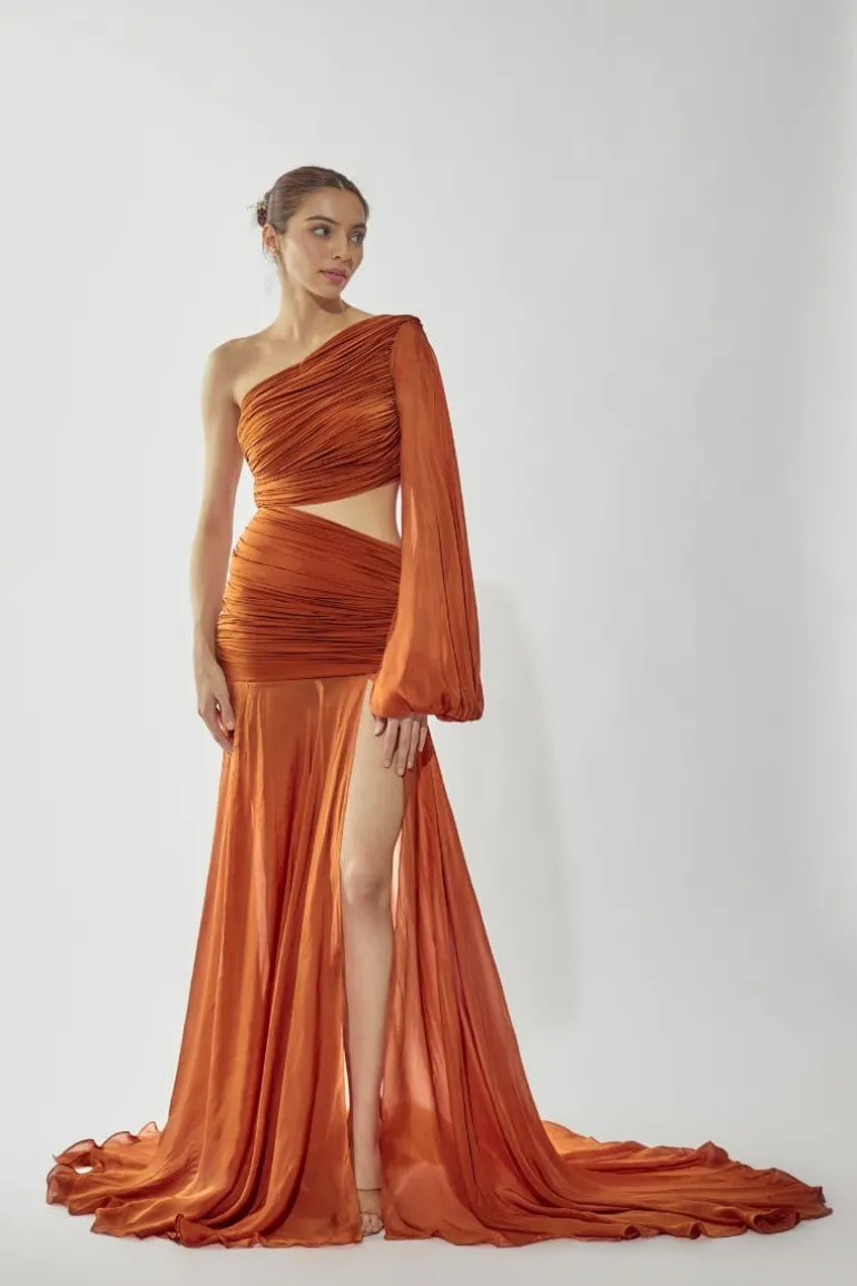 Dresses | Gowns<CULT MIA MARIELLE ONE-SHOULDER RUCHED GOWN Rust