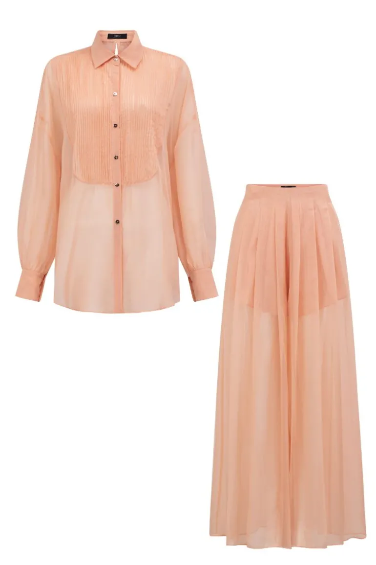 Outfit Sets<CULT MIA MELITA SILK PLEATED SHIRT AND PANTS SET Peach Fuzz