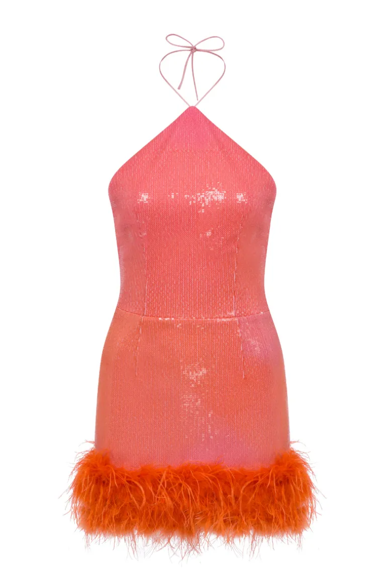 Dresses | Mini Dresses<CULT MIA MINI HALTER NECK DRESS WITH FEATHERED HEM Orange/Pink Gradient