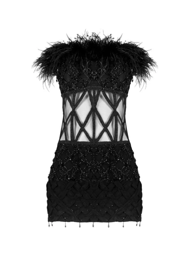 Dresses | Mini Dresses<CULT MIA MONA FEATHER-TRIMMED EMBELLISHED MINI DRESS Black