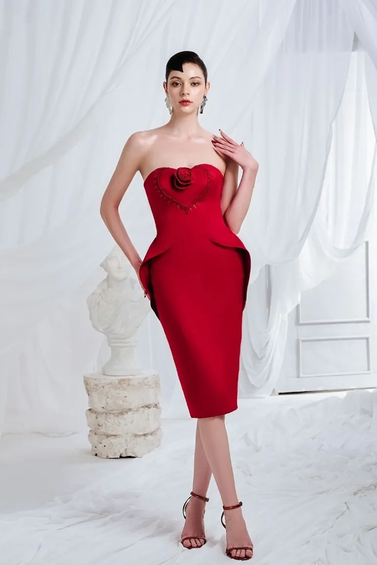 Dresses | Midi Dresses<CULT MIA MORRIS PENCIL SEMI-HEART NECK ORGANDY MIDI DRESS Red