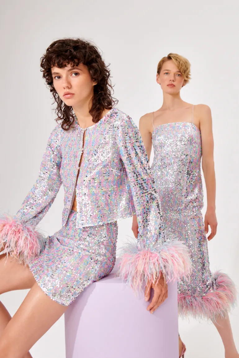 Dresses | Midi Dresses<CULT MIA MULTICOLOR SEQUIN FEATHER MIDI DRESS Gray-Multicolor