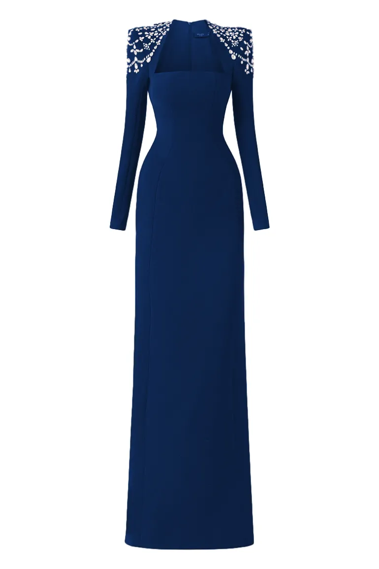 Dresses<CULT MIA LONG SLEEVE TRAPEZOID NECKLINE BODYCON FULL DRESS Navy Blue