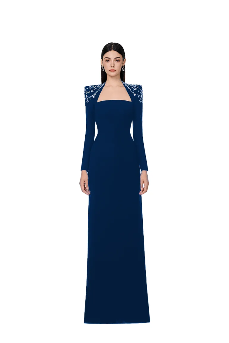 Dresses<CULT MIA LONG SLEEVE TRAPEZOID NECKLINE BODYCON FULL DRESS Navy Blue