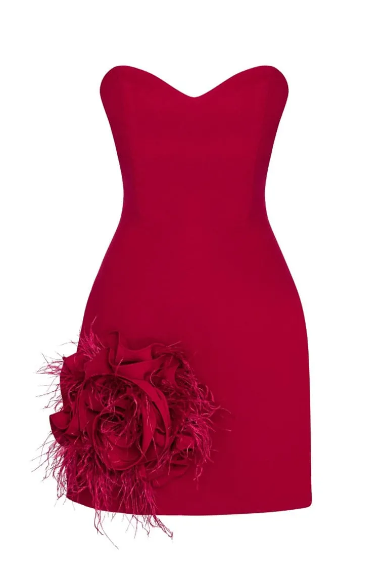 Dresses | Mini Dresses<CULT MIA NOUR STRAPLESS 3D FEATHER TRIMMED ROSE CREPE MINI DRESS Red