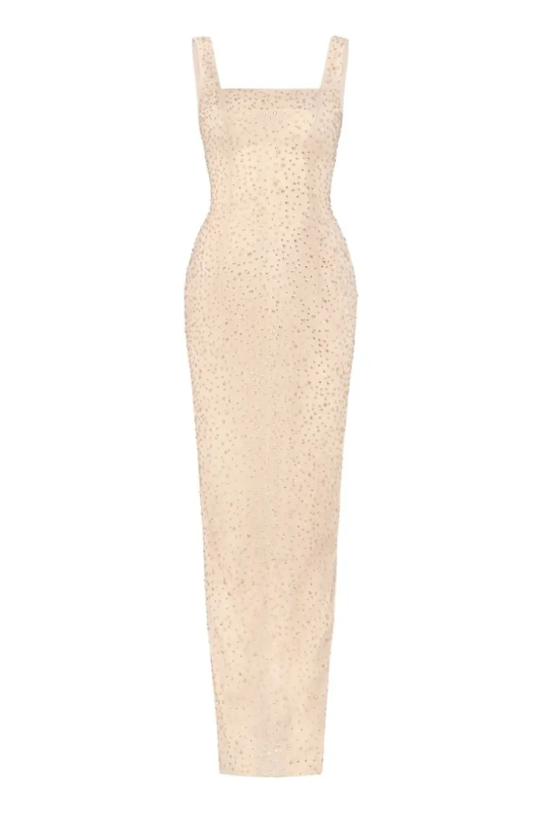 Dresses<CULT MIA NUDY SQUARE NECK CRYSTAL BEADED MAXI DRESS Beige