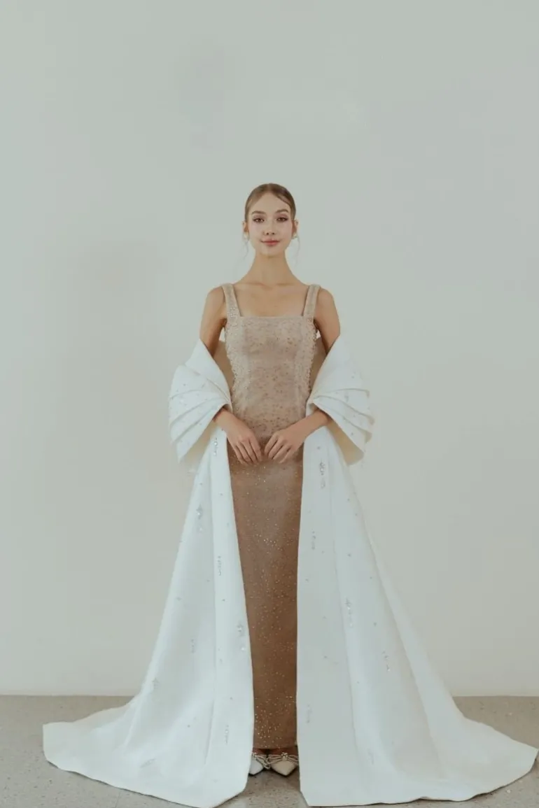 Dresses<CULT MIA NUDY SQUARE NECK CRYSTAL BEADED MAXI DRESS Beige