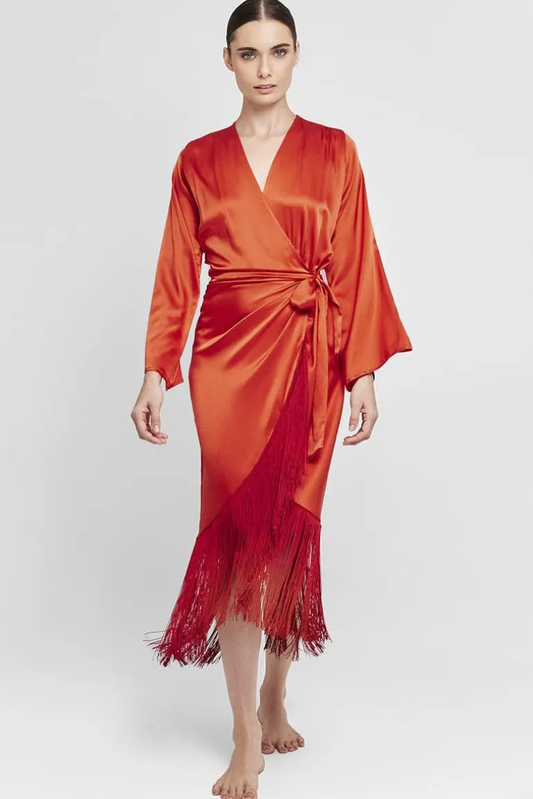 Dresses | Midi Dresses<CULT MIA SILK FRINGE WRAP MIDI DRESS Ocre