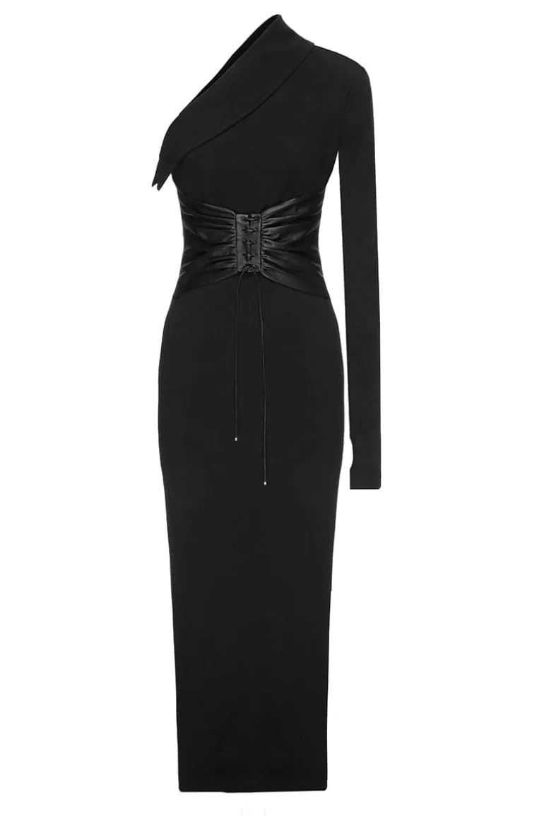 Dresses<CULT MIA ONE SHOULDER DRESS WITH LEATHER BELT Black