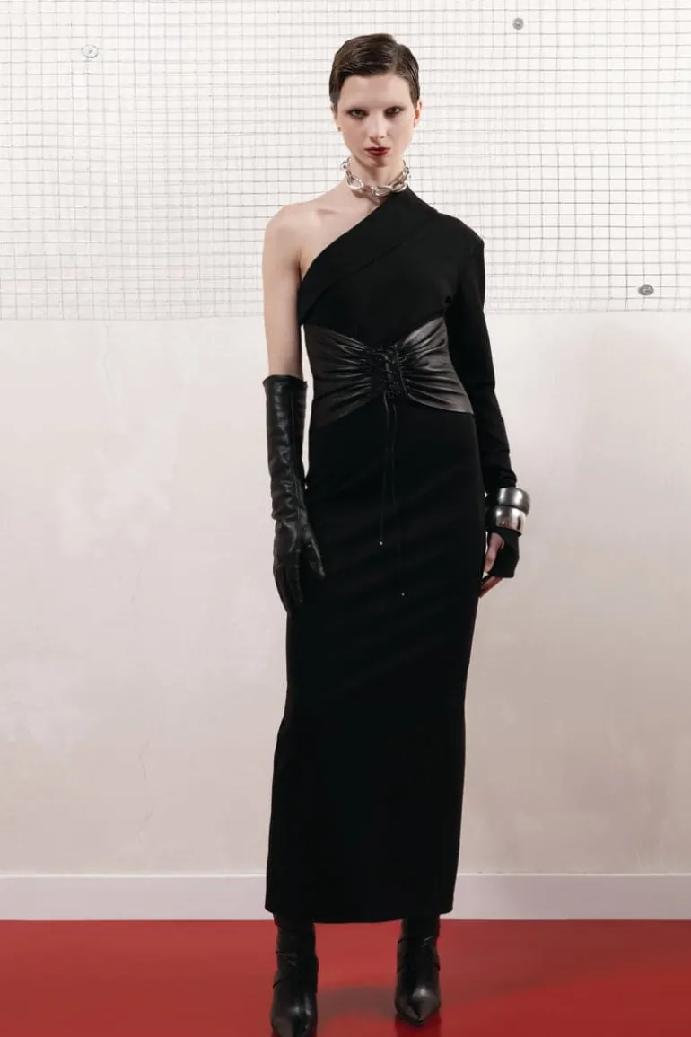 Dresses<CULT MIA ONE SHOULDER DRESS WITH LEATHER BELT Black