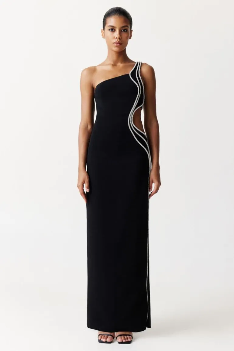 Dresses<CULT MIA ONE-SHOULDER CUTOUT EMBELLISHED MAXI DRESS Black