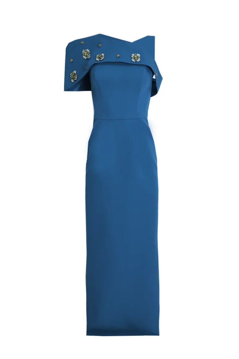 Dresses<CULT MIA ONE-SHOULDER DRESS WITH DETACHABLE FLORAL CAPE IN Petrol