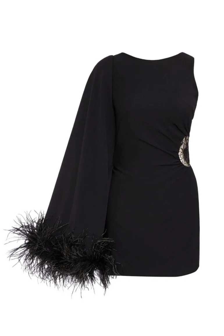 Dresses | Mini Dresses<CULT MIA ONE-SHOULDER FEATHER-TRIMMED LACE MINI DRESS Black