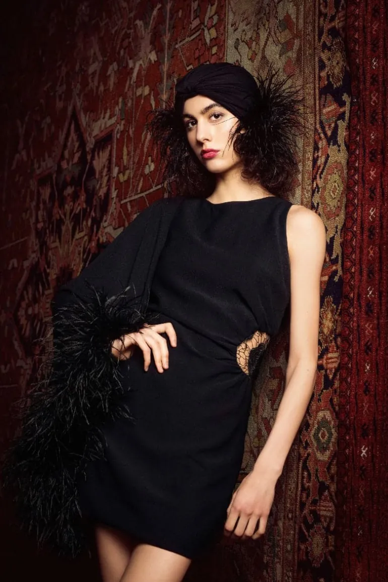Dresses | Mini Dresses<CULT MIA ONE-SHOULDER FEATHER-TRIMMED LACE MINI DRESS Black