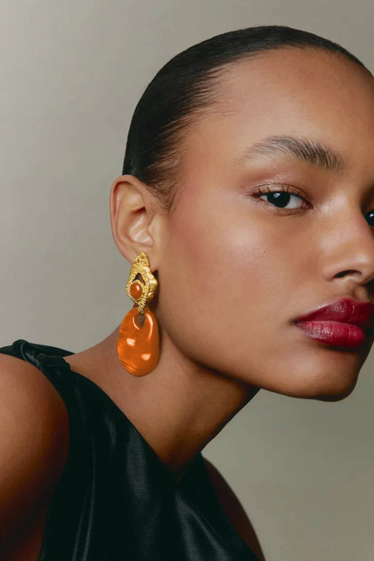 Earrings<CULT MIA ORANGE INTERCHANGEABLE GRAVEL EARRINGS Gold & Orange
