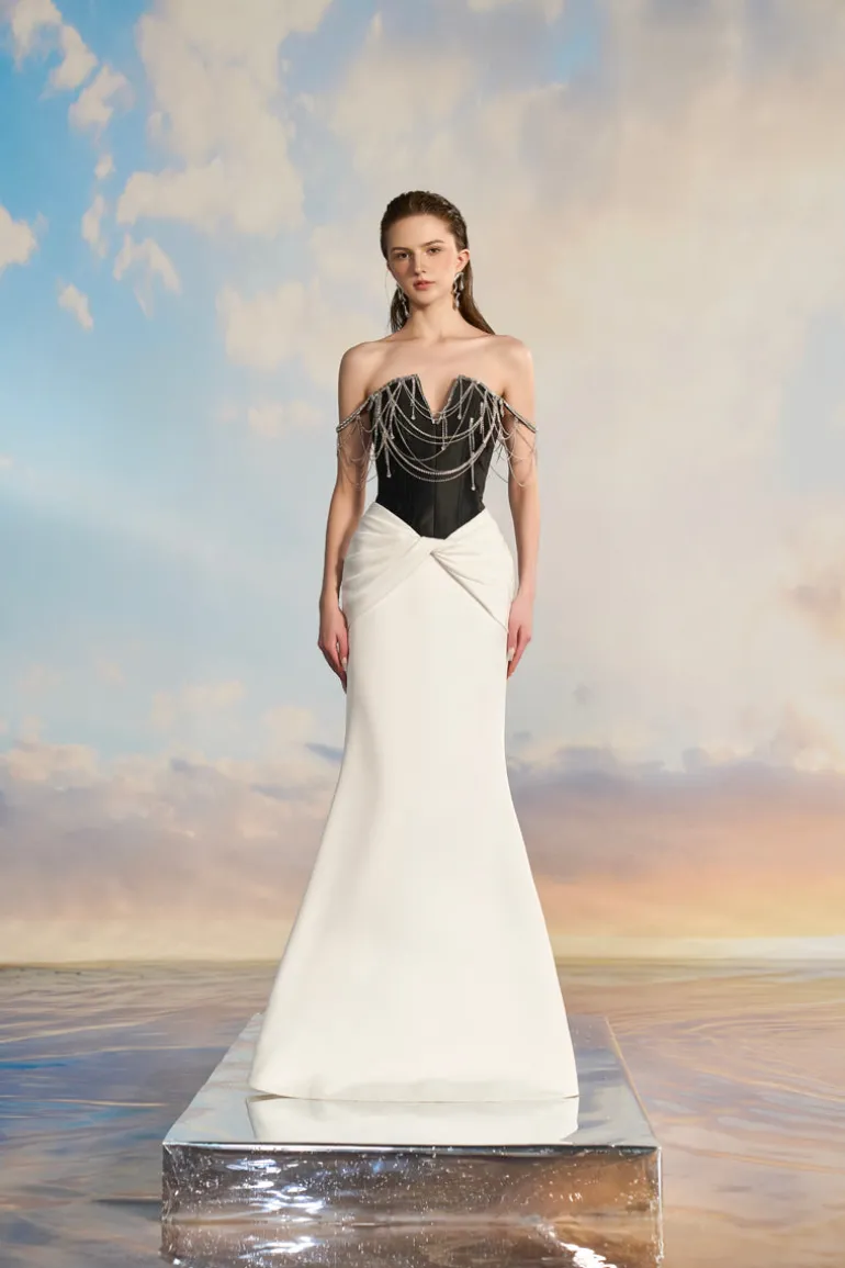Dresses | Gowns<CULT MIA ORIANA ROYAL TAFFETA FISHTAIL GOWN Black + White