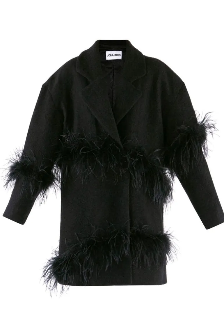 Coats<CULT MIA OVERSIZED FEATHER-TRIMMED COAT Black