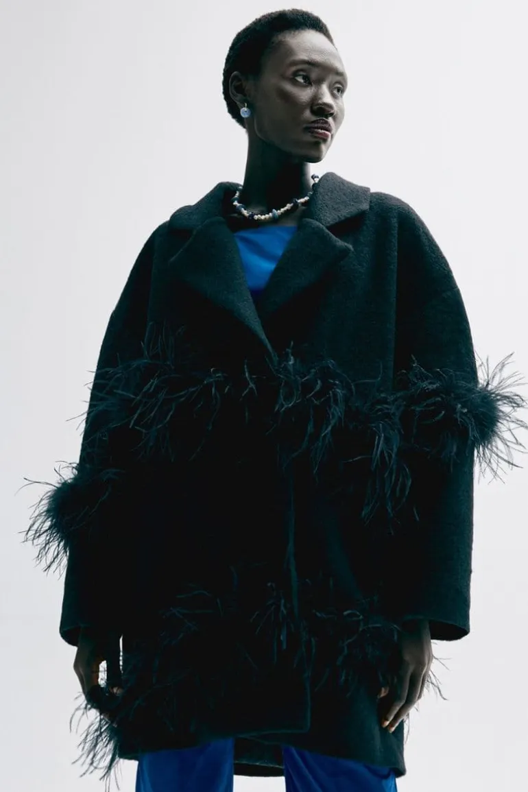 Coats<CULT MIA OVERSIZED FEATHER-TRIMMED COAT Black