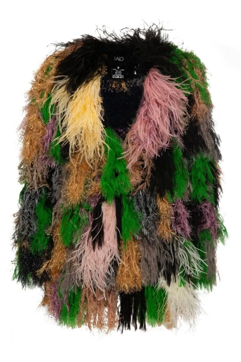 Jackets<CULT MIA PINK AND GREEN FRINGED WOOL-BLEND CARDIGAN