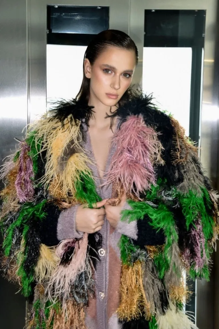 Jackets<CULT MIA PINK AND GREEN FRINGED WOOL-BLEND CARDIGAN