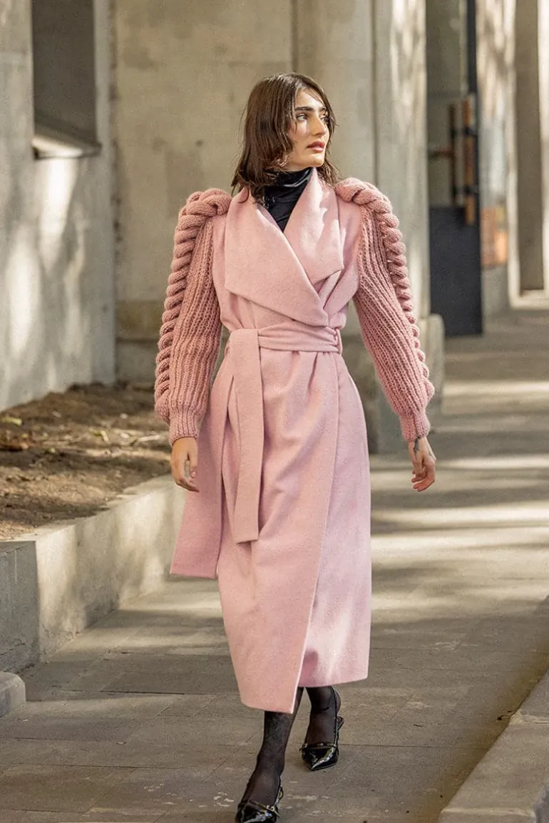 Coats<CULT MIA PINK COAT WITH KNITTED SLEEVES Cherry Pink