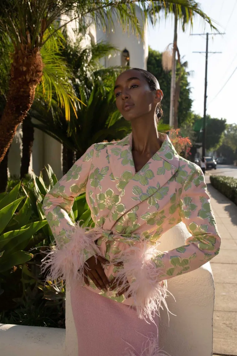 Blazers<CULT MIA FEATHER-TRIMMED JACKET WITH DETACHABLE FEATHER CUFFS Pink