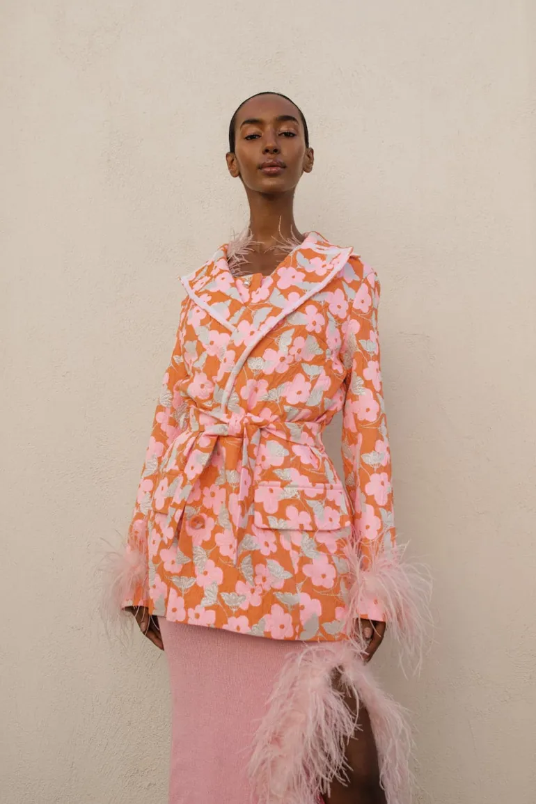 Jackets<CULT MIA FEATHER-TRIMMED JACQUARD JACKET Pink
