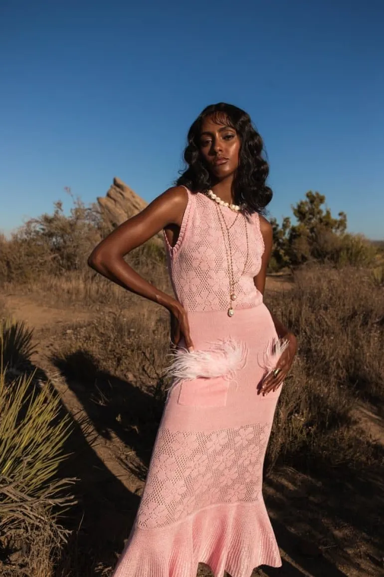 Dresses | Midi Dresses<CULT MIA FEATHER-TRIMMED KNIT DRESS Pink