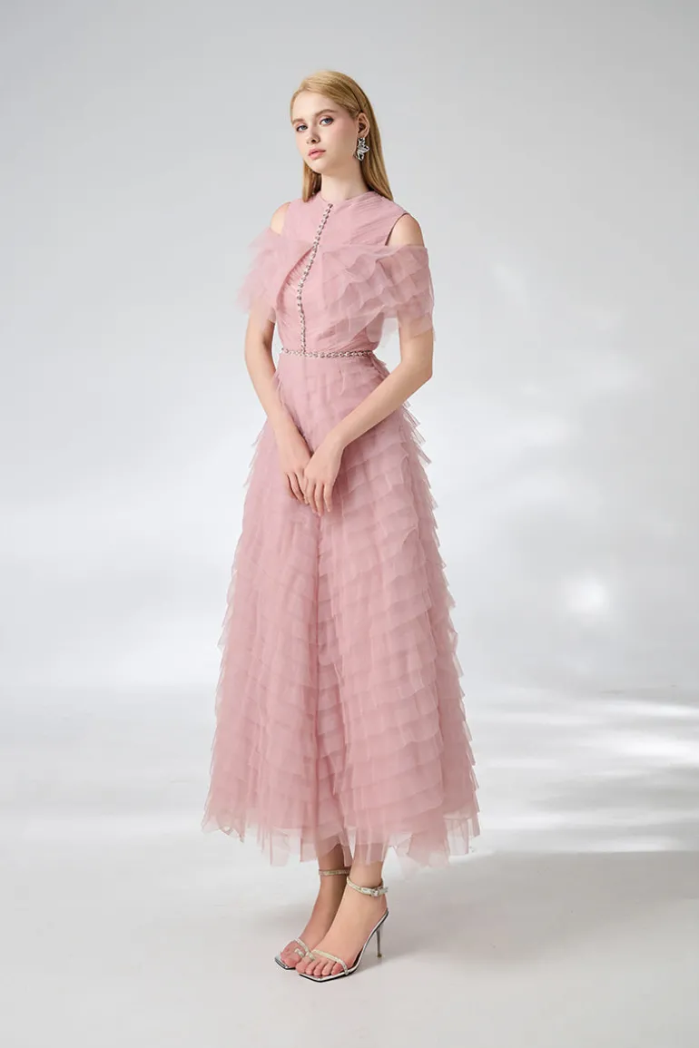 Dresses | Midi Dresses<CULT MIA LAYERED COLD SHOULDER SLEEVED ORGANZA MIDI DRESS Pink