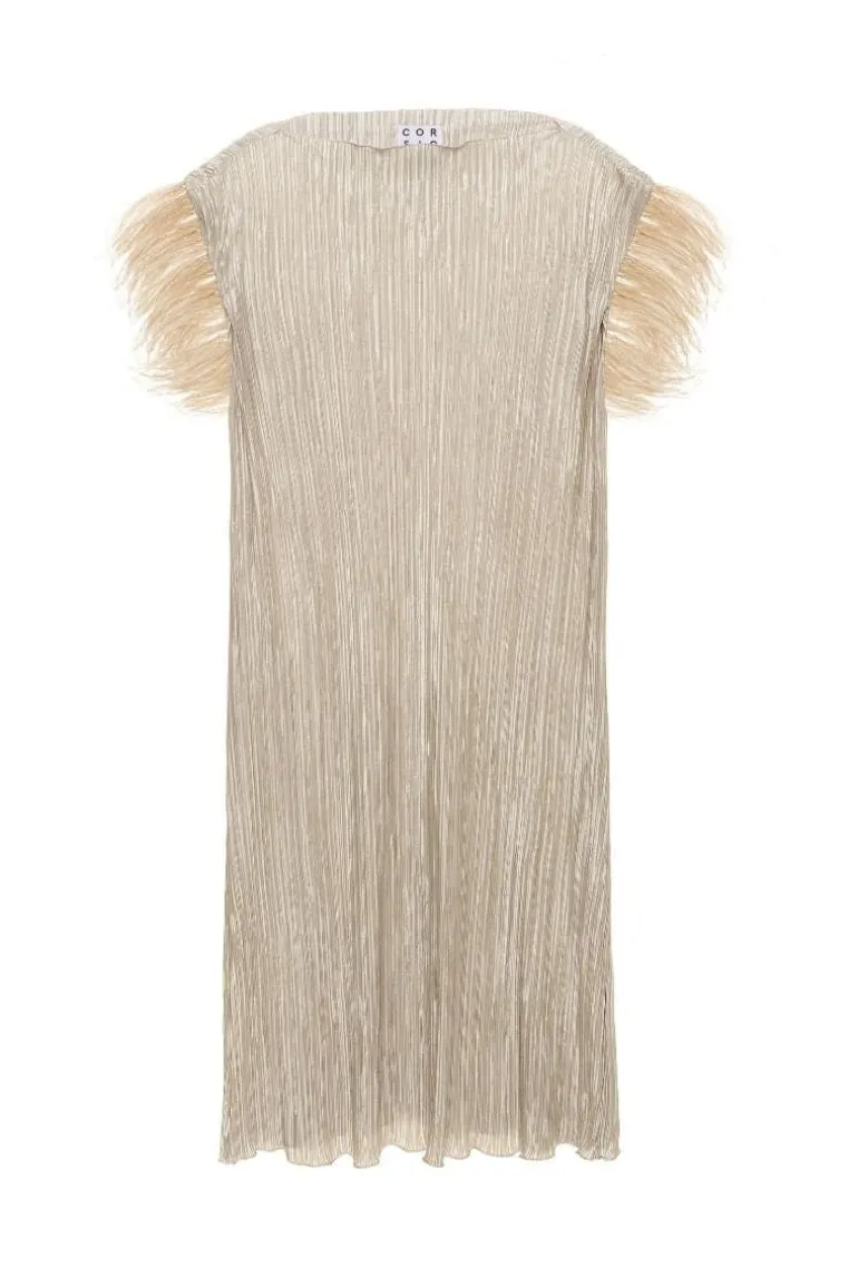 Dresses | Midi Dresses<CULT MIA PLEATED TUNIC DRESS WITH FEATHER DETAILS Beige