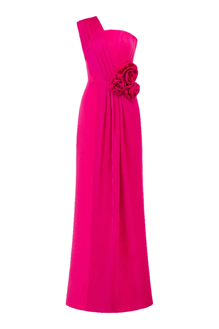Dresses | Gowns<CULT MIA PLEATED ONE-SHOULDER COLUMN GOWN WITH ROSE DRAPED DETAILS Pink Peacock