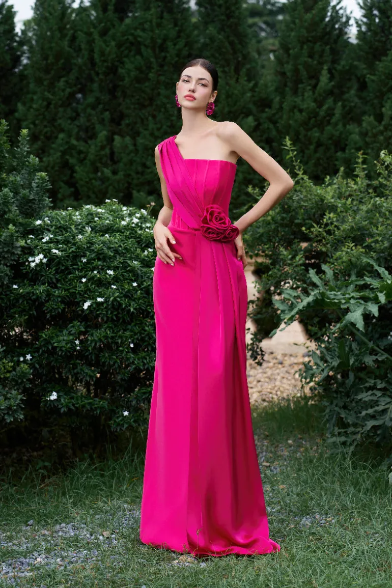 Dresses | Gowns<CULT MIA PLEATED ONE-SHOULDER COLUMN GOWN WITH ROSE DRAPED DETAILS Pink Peacock