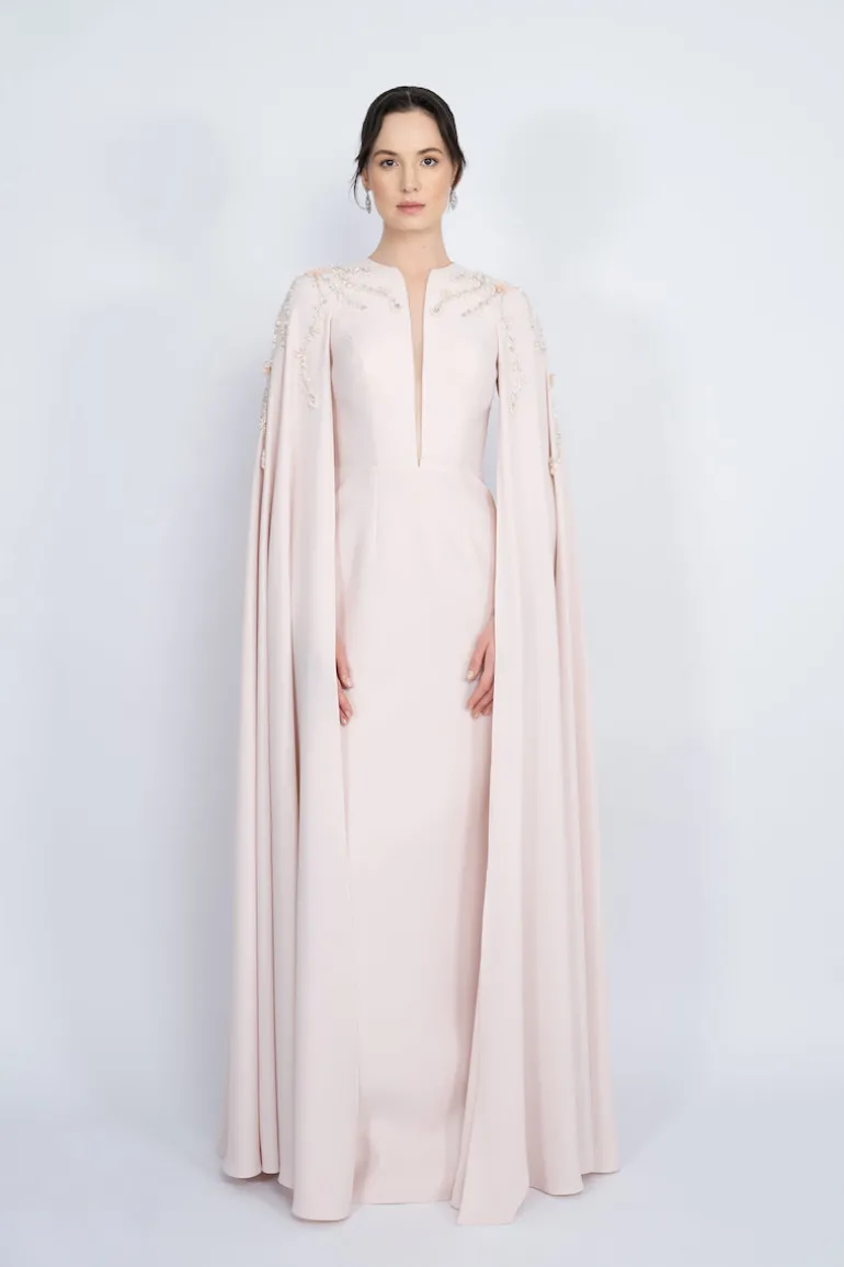 Dresses<CULT MIA STRAIGHT CUT WITH CAPE LONG DRESS Powder