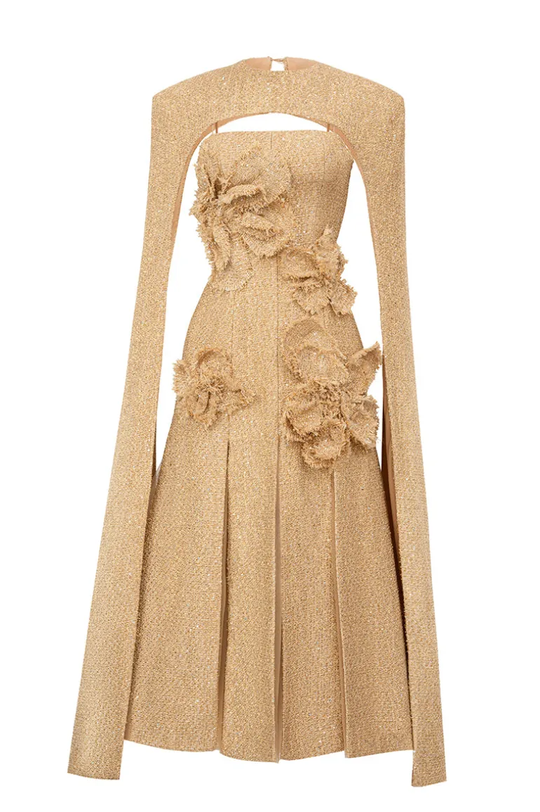 Dresses | Midi Dresses<CULT MIA PRESTON CAPE TWEED PETAL MIDI DRESS IN Beige