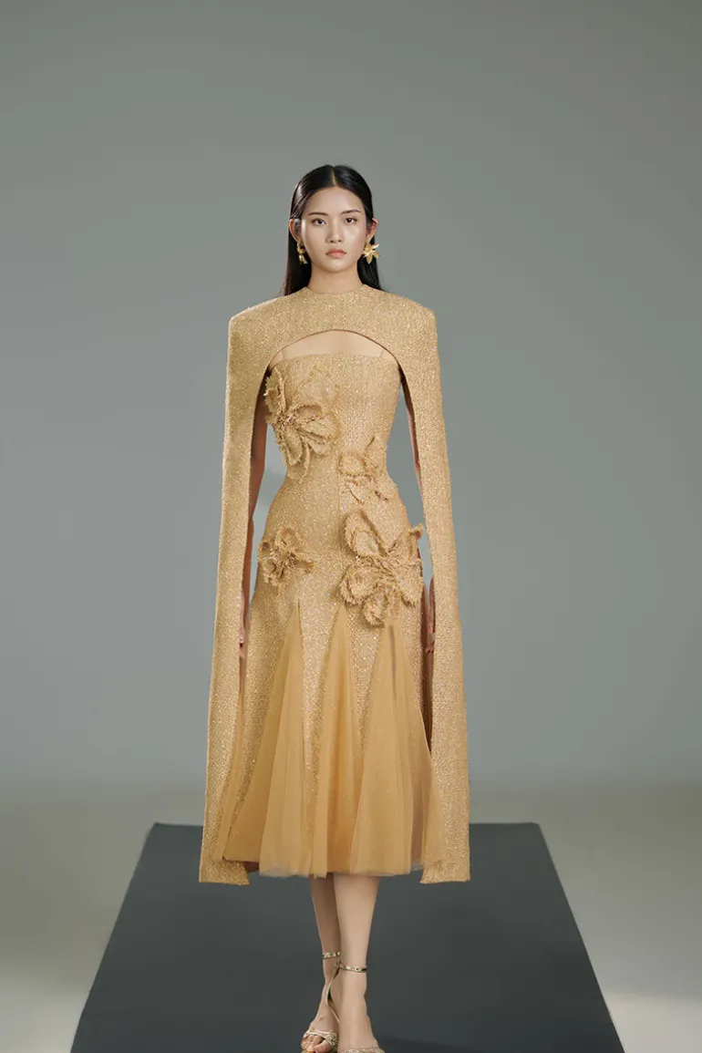 Dresses | Midi Dresses<CULT MIA PRESTON CAPE TWEED PETAL MIDI DRESS IN Beige
