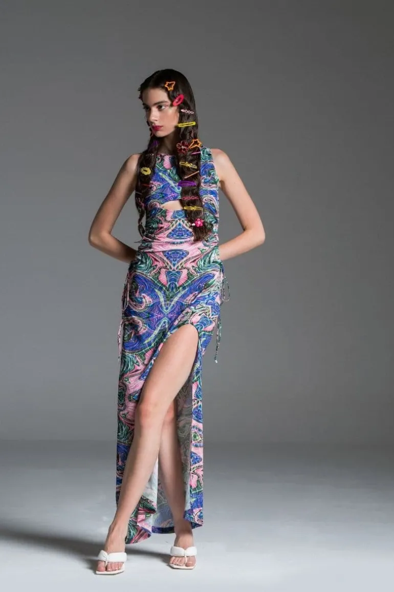 Dresses<CULT MIA PSYCHEDELIC CUT-OUT MAXI DRESS White/Green/Purple/Pink