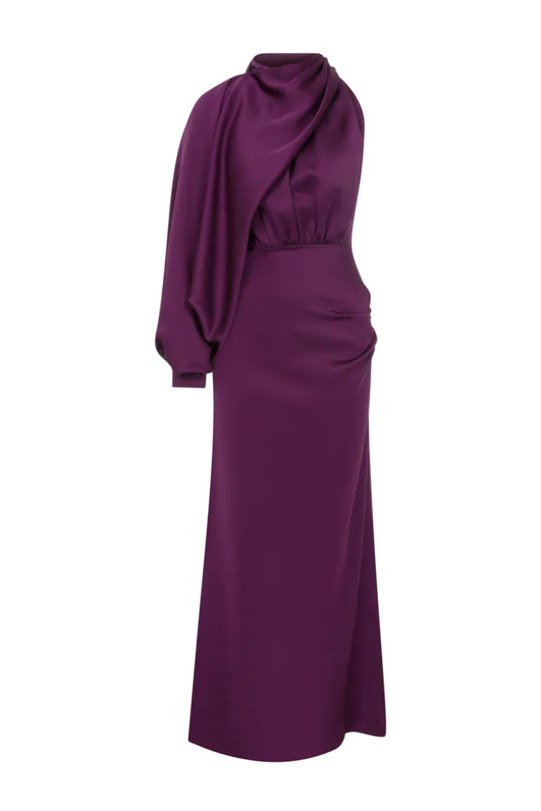 Dresses<CULT MIA ASYMMETRIC SATIN CREPE MIDI DRESS WITH DETATCHABLE CAPE Purple