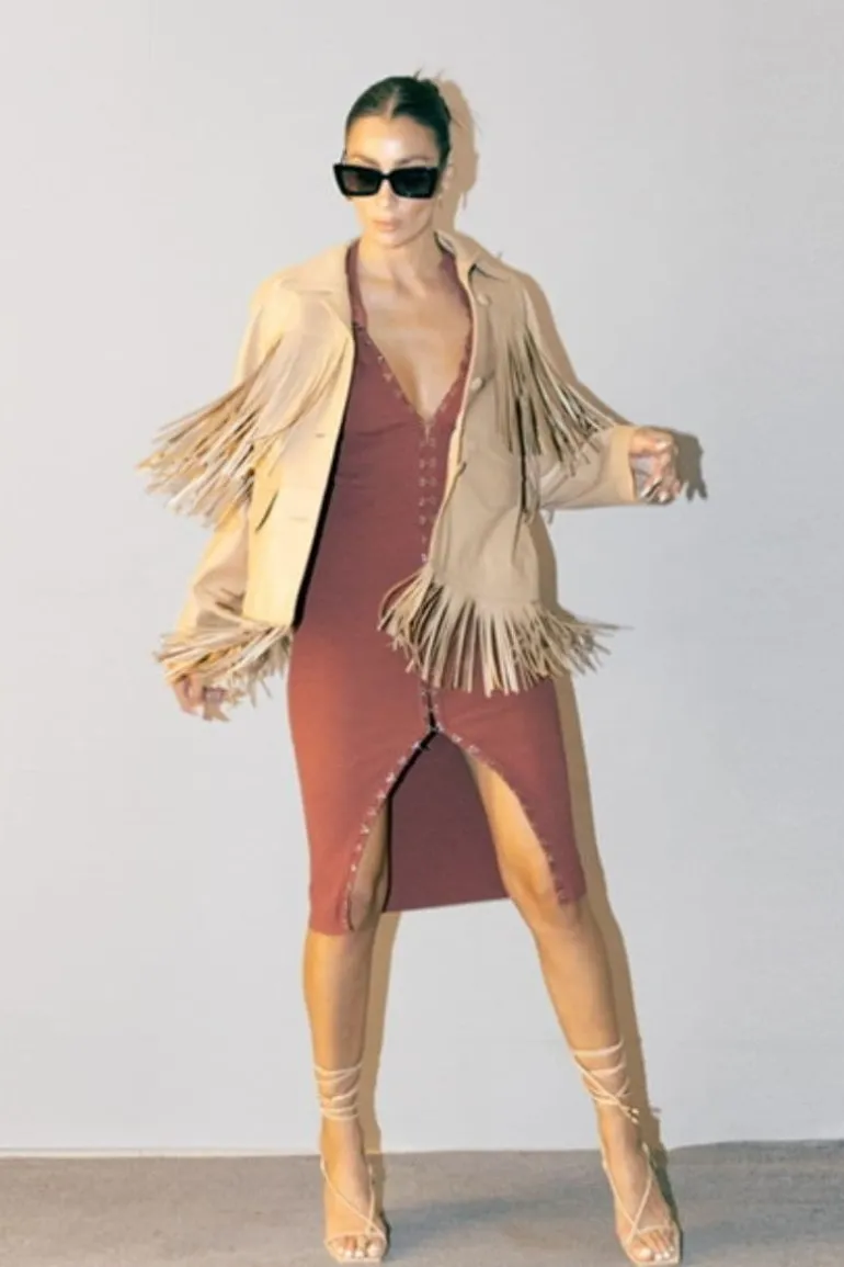 Jackets<CULT MIA PYRUS NUDE FRINGED LEATHER JACKET Beige