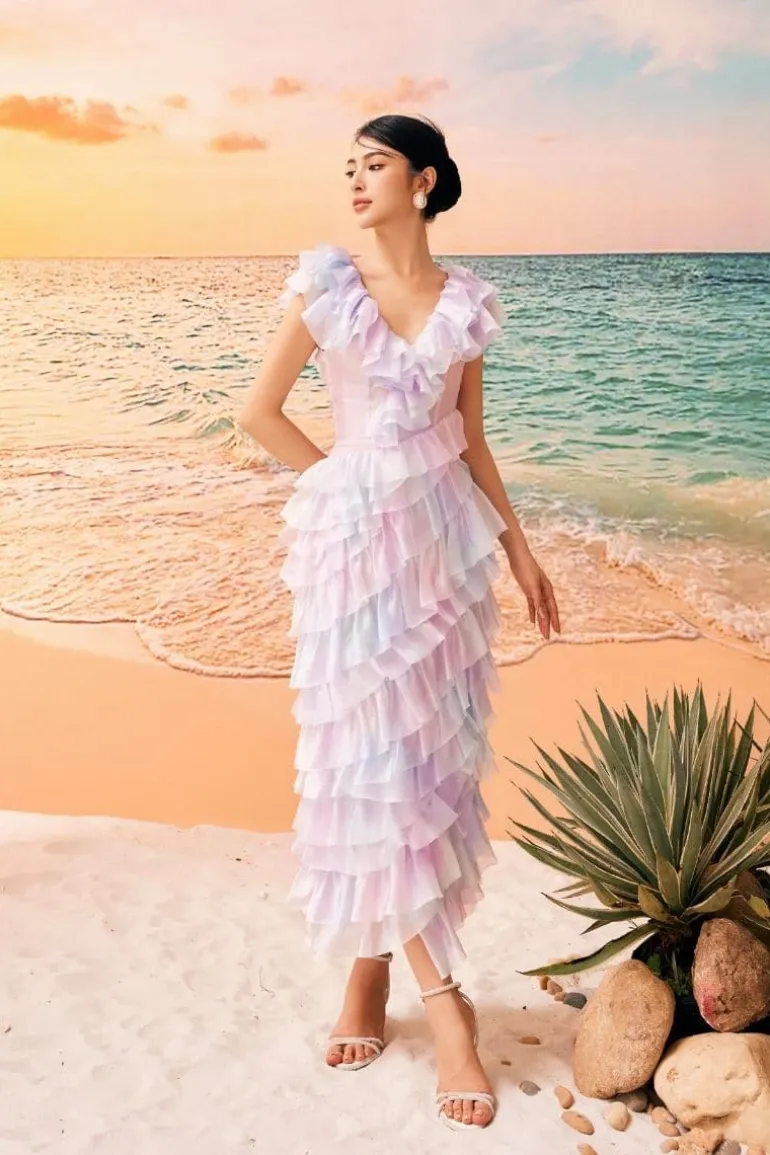 Dresses<CULT MIA EILEEN SHINY SILK LAYERED MAXI DRESS Rainbow
